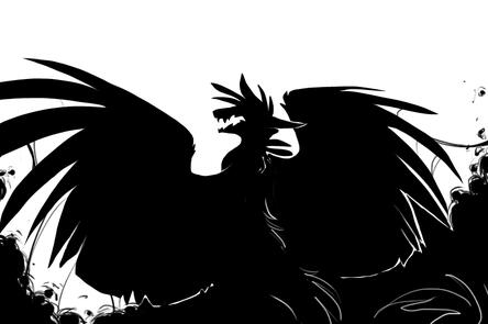 id: a digital halfbody silhouette of (nameless) the shapeshifting dragon. its back is to the viewer, large feathered wings spread, and jaw agape. it's silhouetted in black against a white background, rising from from a black cloud beneath it /end id