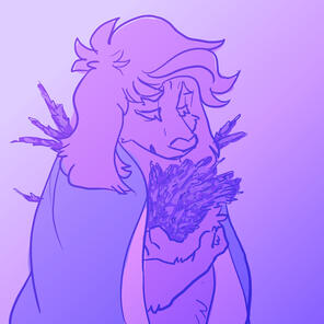 id: a digital halfbody of Alex the spaniel mix dog. their fur is long and fluffy, with wave bangs and long floppy ears. theyre wrapped in a purple blanket and holding a bouquet of lavender, with some lavender flowers sticking out of their fur /end id
