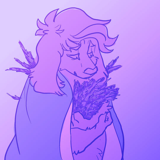 id: a digital halfbody of Alex the spaniel mix dog. their fur is long and fluffy, with wave bangs and long floppy ears. theyre wrapped in a purple blanket and holding a bouquet of lavender, with some lavender flowers sticking out of their fur /end id