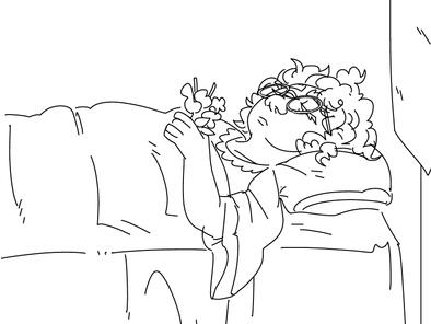 id: an uncolored digital halfbody sketch of Mirabel from Encanto, portrayed as Elaine of Astolat from arthurian legend. she lays in a bed, deceased, her head resting back against the pillow with her curly hair falling across it /end id