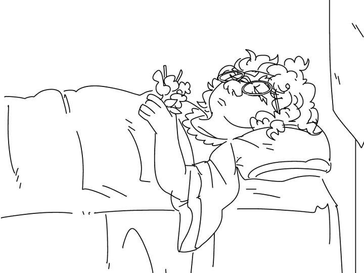 id: an uncolored digital halfbody sketch of Mirabel from Encanto, portrayed as Elaine of Astolat from arthurian legend. she lays in a bed, deceased, her head resting back against the pillow with her curly hair falling across it /end id