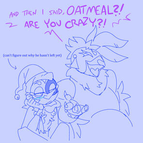 id: Glamrock Chica: "And then I said, OATMEAL?! ARE YOU CRAZY?!" text points at Moon that reads: (can't figure out why he hasn't left yet) /end id