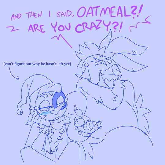id: Glamrock Chica: "And then I said, OATMEAL?! ARE YOU CRAZY?!" text points at Moon that reads: (can't figure out why he hasn't left yet) /end id