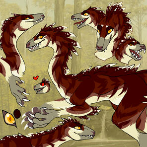 id: several mixed media drawings of Bee the coelophysis. it has a genetic mutation that gives it fuller and longer feathers than usual. its feathers are striped maroon, with a light tan underside. its scales are grey, and its eyes are orange /end id