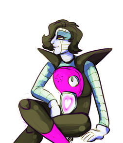 id: a digital halfbody drawing of Mettaton the robot from Undertale. his segmented body is black with pink highlights, silver arms and face, and wavy black hair. a heart shaped light glows on his stomach. Mettaton sits comfortably with his legs crossed /id