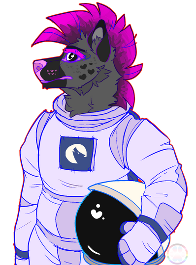 id: a digital halfbody sketch of Victoria the hyena. they have fluffy dark grey fur with black markings, and bright pink mane. Victoria wears a white astronaut suit, holding the helmet at their hip, and look up at the sky /end id