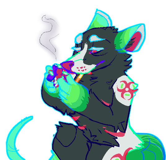 id: a digital halfbody drawing of Toxin the opossum. he has black fur with white and neon green markings, and red biohazard symbols on his shoulders and hips. Toxin sits on his neon green tail while he lights a cigarette with a tired expression /end id