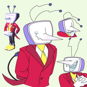 id: several digital sketches of Tenna the Television from Deltarune. he is an anthropomorphic TV-head creature with a white screen and paws, long nose, bright red suit, and yellow tie /end id